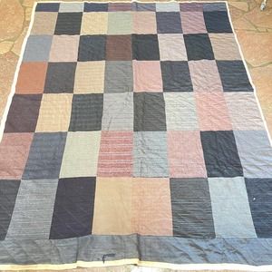 vtg handmade quilt twin blue black wool man quilt hand sewn feed sack backing